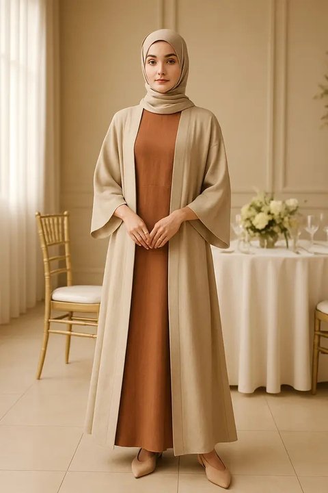 Model Long Dress Polos Kombinasi Outer Kimono (created by AI)