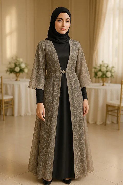 Model Long Dress Polos Kombinasi Outer Kimono (created by AI)