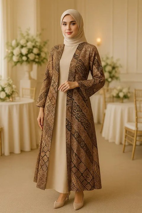 Model Long Dress Polos Kombinasi Outer Kimono (created by AI)