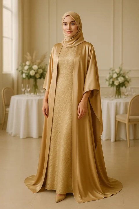 Model Long Dress Polos Kombinasi Outer Kimono (created by AI)