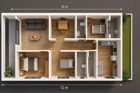 7 Desain Rumah 6x12 1 Lantai 3 Kamar Tidur, Nyaman untuk Keluarga Kecil (sumber:AI)