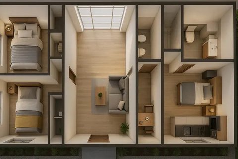 7 Desain Rumah 6x12 1 Lantai 3 Kamar Tidur, Nyaman untuk Keluarga Kecil (sumber:AI)