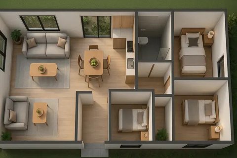 7 Desain Rumah 6x12 1 Lantai 3 Kamar Tidur, Nyaman untuk Keluarga Kecil (sumber:AI)