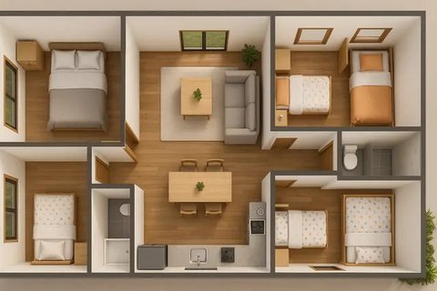 7 Desain Rumah 6x12 1 Lantai 3 Kamar Tidur, Nyaman untuk Keluarga Kecil (sumber:AI)