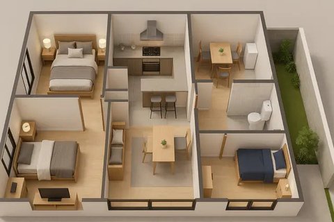 7 Desain Rumah 6x12 1 Lantai 3 Kamar Tidur, Nyaman untuk Keluarga Kecil (sumber:AI)