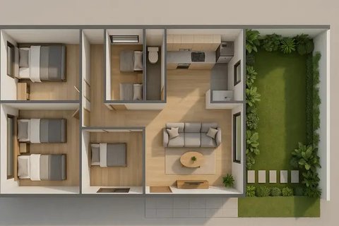 7 Desain Rumah 6x12 1 Lantai 3 Kamar Tidur, Nyaman untuk Keluarga Kecil (sumber:AI)
