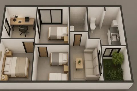 7 Desain Rumah 6x12 1 Lantai 3 Kamar Tidur, Nyaman untuk Keluarga Kecil (sumber:AI)