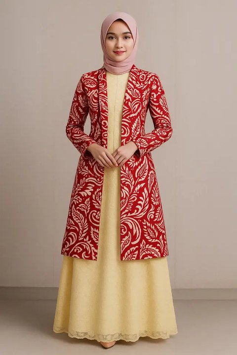 Model Gamis Brokat Kombinasi Outer Batik Panjang Tema 17 Agustus/AI