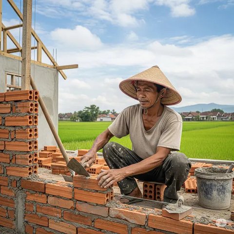 Ilustrasi tukang yang sedang mengerjakan pembangunan rumah kecil 1 kamar. Foto: Gemini