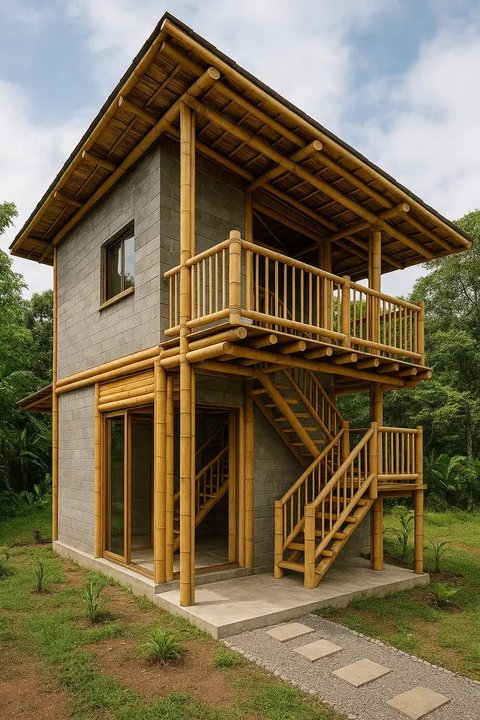 Model Rumah Bambu dan Batako Dua Lantai (Foto: ChatGPT)