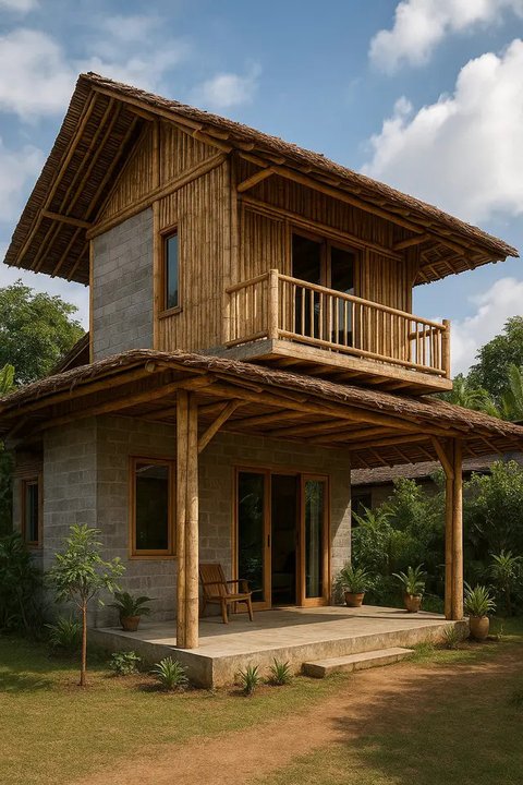 Model Rumah Bambu dan Batako Dua Lantai (Foto: ChatGPT)