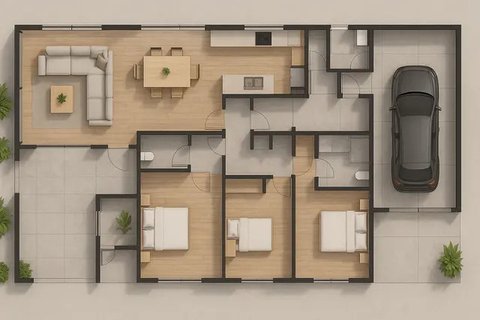 8 Denah Rumah 1 Lantai 3 Kamar Tidur dan Garasi
