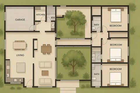 8 Denah Rumah 1 Lantai 3 Kamar Tidur dan Garasi