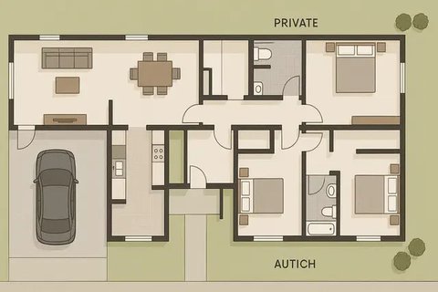 8 Denah Rumah 1 Lantai 3 Kamar Tidur dan Garasi