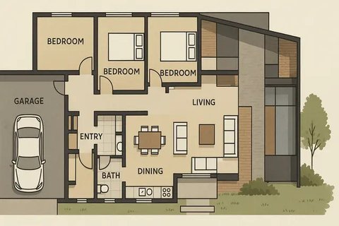 8 Denah Rumah 1 Lantai 3 Kamar Tidur dan Garasi