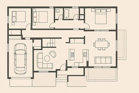 8 Denah Rumah 1 Lantai 3 Kamar Tidur dan Garasi