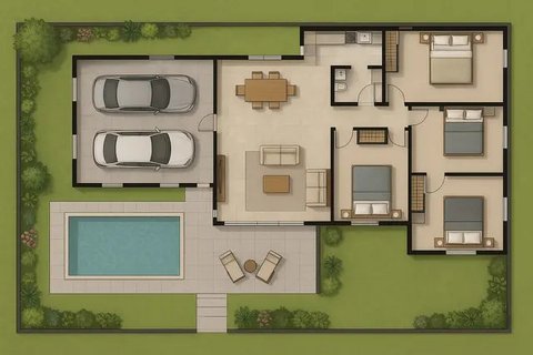 8 Denah Rumah 1 Lantai 3 Kamar Tidur dan Garasi