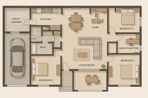 8 Denah Rumah 1 Lantai 3 Kamar Tidur dan Garasi