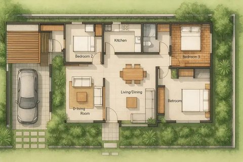 8 Denah Rumah 1 Lantai 3 Kamar Tidur dan Garasi