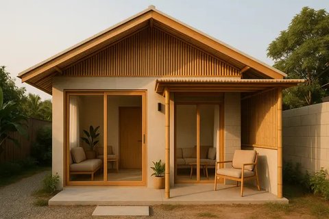 Desain Rumah Kecil dari Kayu dan Bambu yang Tetap Modern (created by AI)