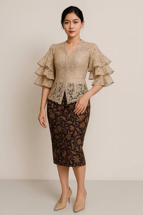 Model Batik Brokat Kombinasi Lengan Ruffle Modern/AI