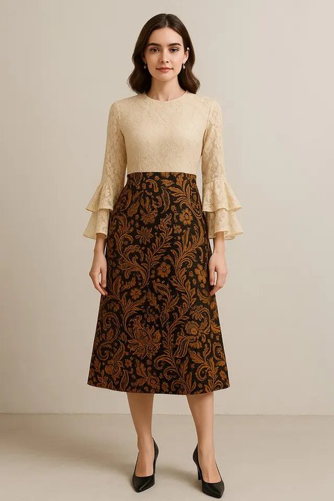 Model Batik Brokat Kombinasi Lengan Ruffle Modern/AI