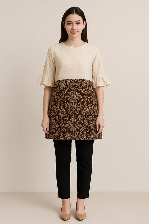 Model Batik Brokat Kombinasi Lengan Ruffle Modern/AI