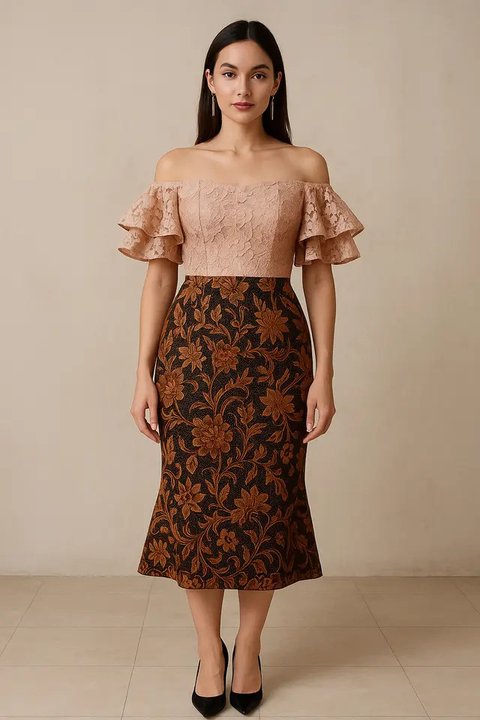 Model Batik Brokat Kombinasi Lengan Ruffle Modern/AI