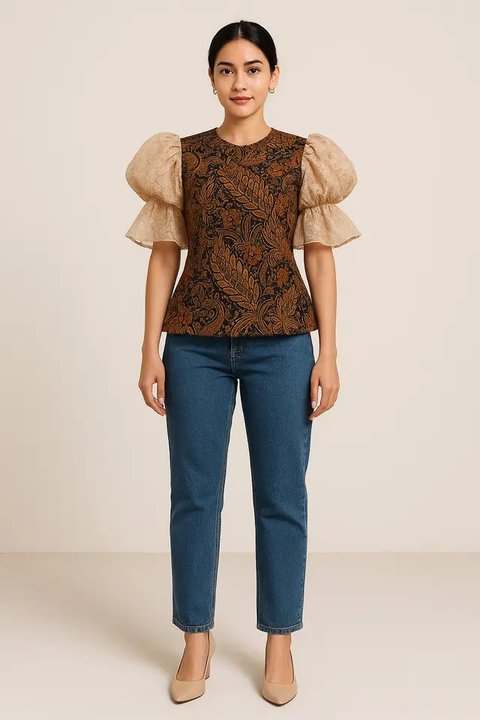 Model Batik Brokat Kombinasi Lengan Ruffle Modern/AI