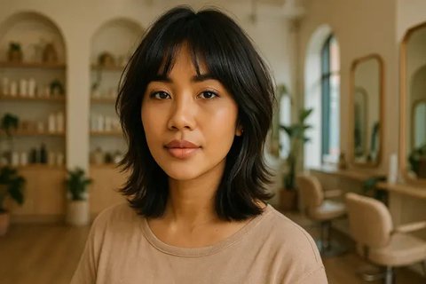 Model Rambut Shag Modern dengan Curtain Bangs (created by AI)