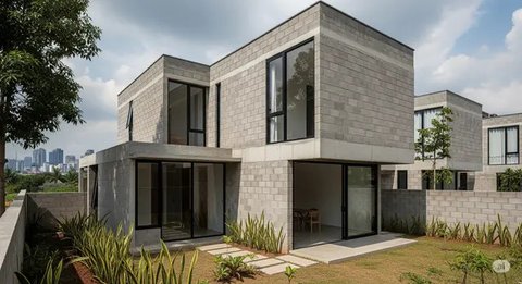 Rumah Bambu dan Batako Gaya Tropis dengan Teras Luas (Gemini AI)
