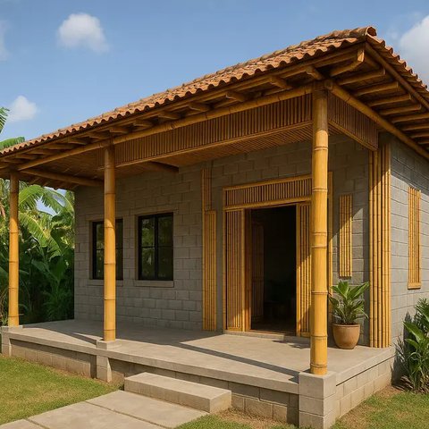 Rumah Bambu dan Batako Gaya Tropis dengan Teras Luas (Gemini AI)
