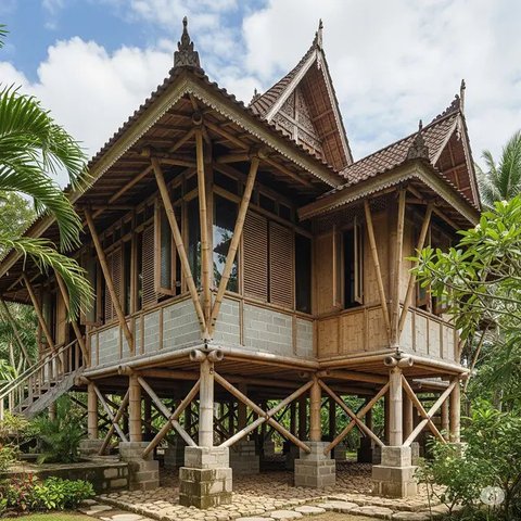 Inspirasi Desain Rumah Kecil Batako dan Bambu Hemat Biaya. Foto: Gemini