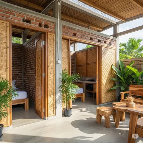 Inspirasi Desain Rumah Kecil Batako dan Bambu Hemat Biaya. Foto: Gemini
