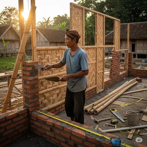 Inspirasi Desain Rumah Kecil Batako dan Bambu Hemat Biaya. Foto: Gemini