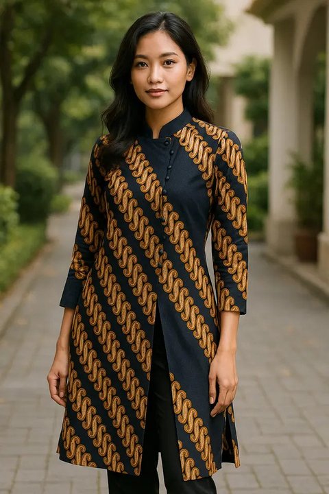 8 Model Tunik Batik Kancing Samping dengan Belahan Panjang, Bikin Tampilan Jadi Langsing dan Anggun (sumber:AI)