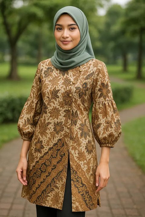 8 Model Tunik Batik Kancing Samping dengan Belahan Panjang, Bikin Tampilan Jadi Langsing dan Anggun (sumber:AI)