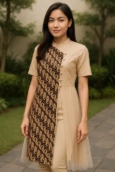 8 Model Tunik Batik Kancing Samping dengan Belahan Panjang, Bikin Tampilan Jadi Langsing dan Anggun (sumber:AI)