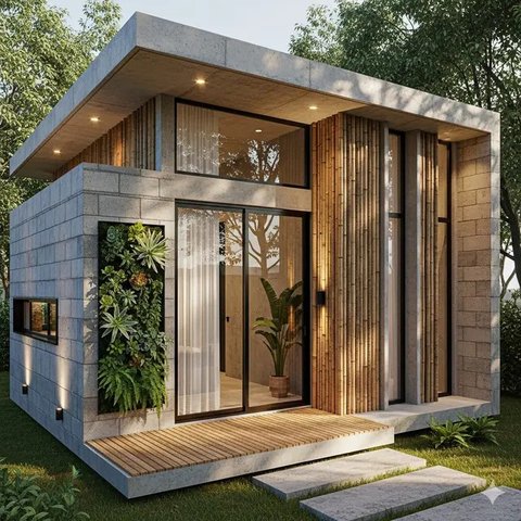 Rumah Bambu dan Batako Gaya Tropis dengan Teras Luas (Gemini AI)