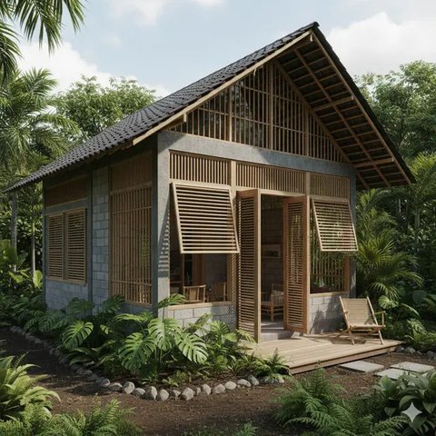 Rumah Bambu dan Batako Gaya Tropis dengan Teras Luas (Gemini AI)