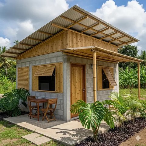 Rumah Bambu dan Batako Gaya Tropis dengan Teras Luas (Gemini AI)