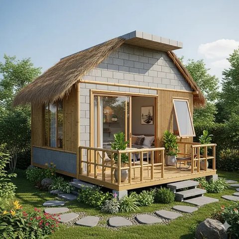 Rumah Bambu dan Batako Gaya Tropis dengan Teras Luas (Gemini AI)