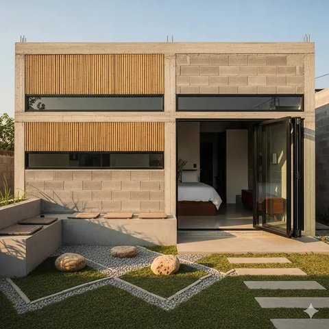 Rumah Bambu dan Batako Gaya Tropis dengan Teras Luas (Gemini AI)
