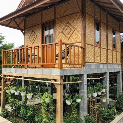 Rumah Bambu dan Batako Gaya Tropis dengan Teras Luas (Gemini AI)