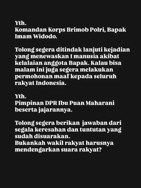 Kiky Saputri menulis surat terbuka untuk Puan Maharani dan Komandan Brimob, menyikapi pengemudi ojol Affan Kurniawan tewas dilindas rantis Brimob. (Foto: Dok. Instagram @kikysaputrii)