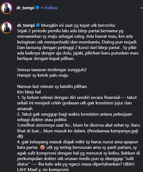 Selain dikenal sebagai penyanyi, Tompi juga berprofesi sebagai dokter bedah.  (Liputan6.cm/Herman Zakharia)