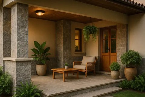 Teras Rumah Cantik dengan Batu Alam (created by AI)
