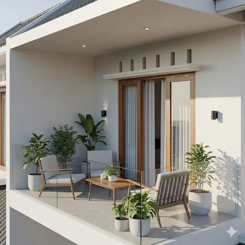 Model Teras Rumah Minimalis dengan Balkon Mungil (Ilustrasi AI)
