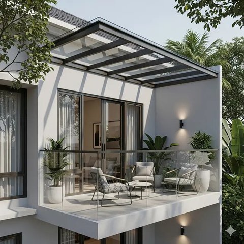 Model Teras Rumah Minimalis dengan Balkon Mungil (Ilustrasi AI)