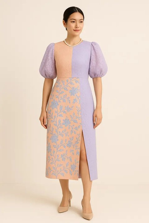 Dress Batik Kombinasi Brokat Belah Samping (Foto: Reve Art AI)